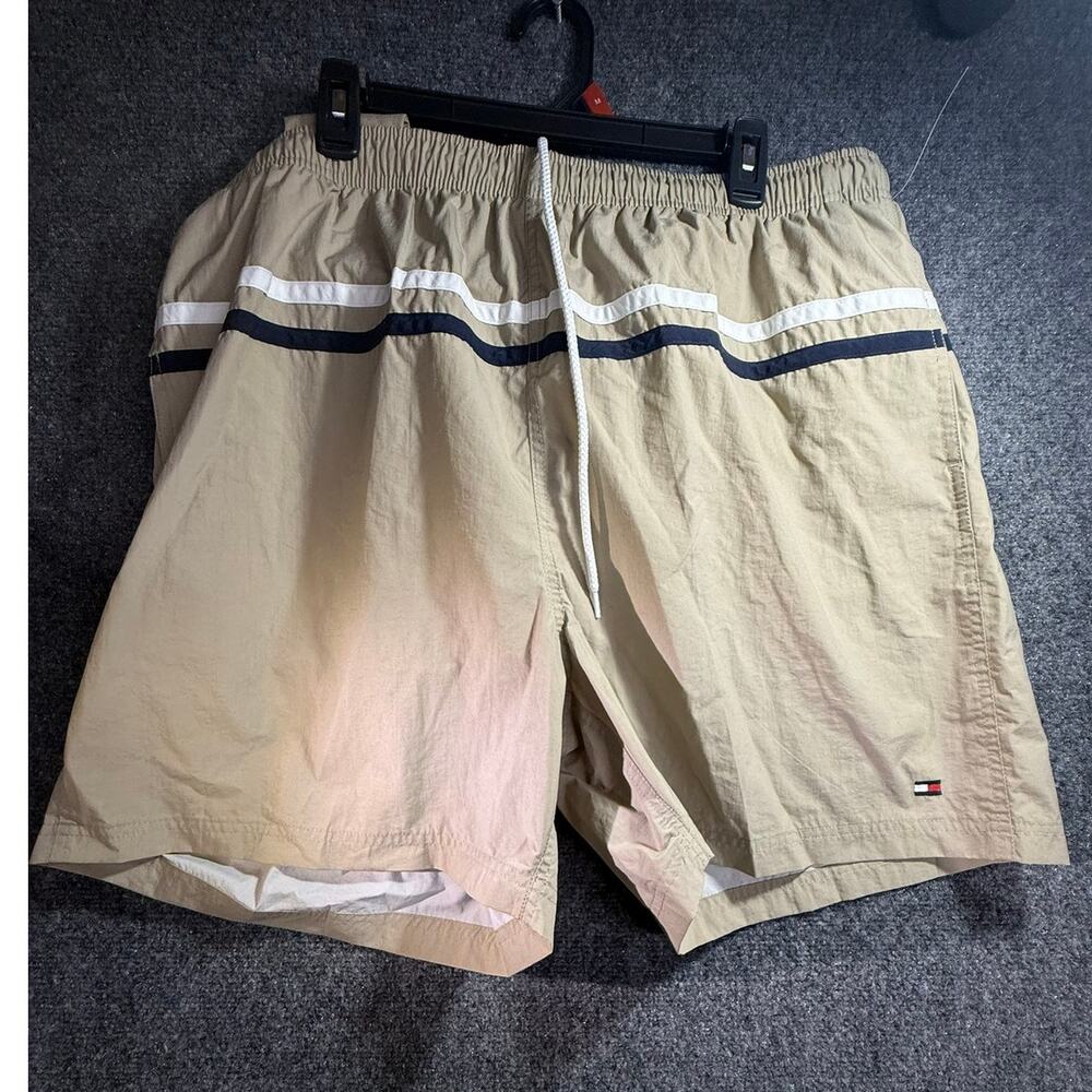 Tommy Hilfiger Men's Beige Side Stripe Lined Swim Trunks Shorts Size XXL